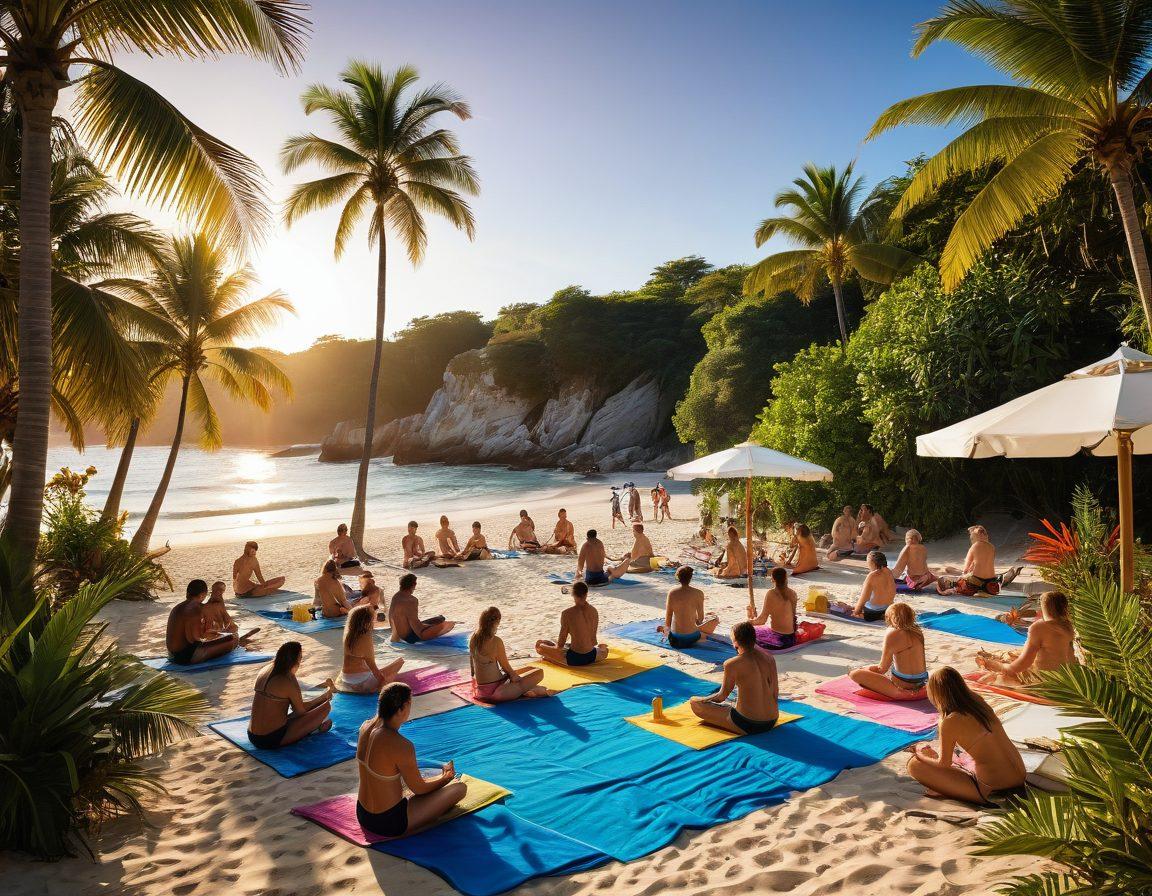 A vibrant beach scene showcasing diverse groups of people enjoying social nudism under a clear blue sky, with sunbathers lounging on colorful towels, engaging in fun activities like beach volleyball and yoga. Include a lively atmosphere with tropical plants, and a sun setting in the background, casting a warm glow. Capture a sense of freedom, acceptance, and joy among the participants. super-realistic. bright colors. dynamic composition.