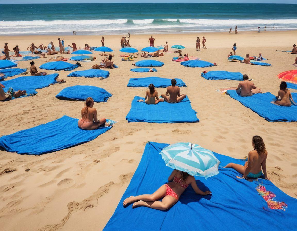 A serene gathering of diverse individuals enjoying a sunny beach, laughter and connection in the air, surrounded by nature with colorful towels and umbrellas scattered about. The scene captures moments of joy and acceptance in a nudist setting, with people of all shapes and sizes embracing body positivity. Lively ocean waves in the background under a bright blue sky, radiating warmth and freedom. vibrant colors. super-realistic.